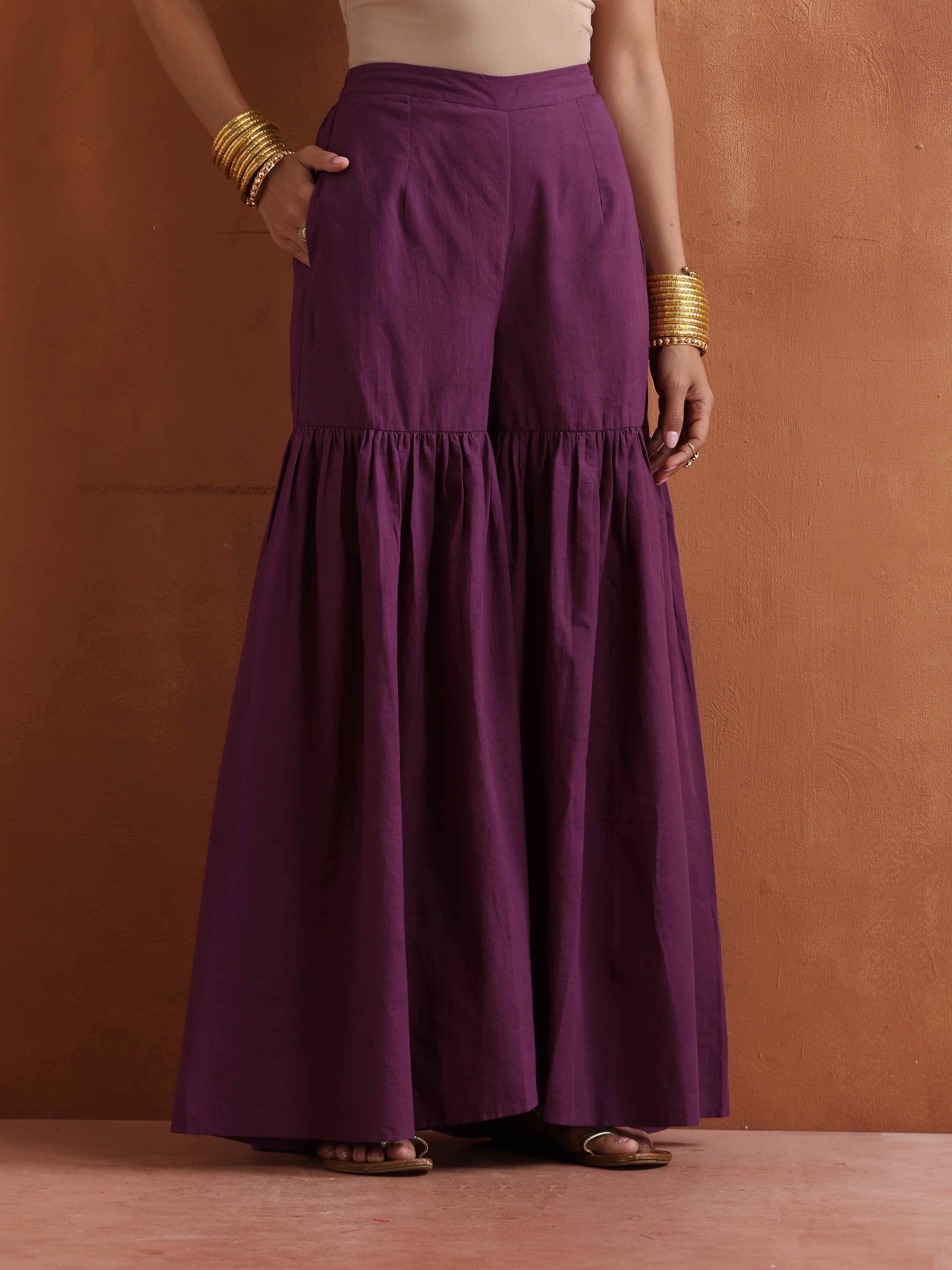 trueBrowns Purple Metallic Sharara Dupatta Set