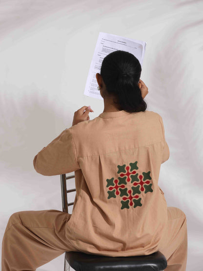 trueBrowns Beige Cotton Embroidered Shirt Top Co-ord Set - Distacart