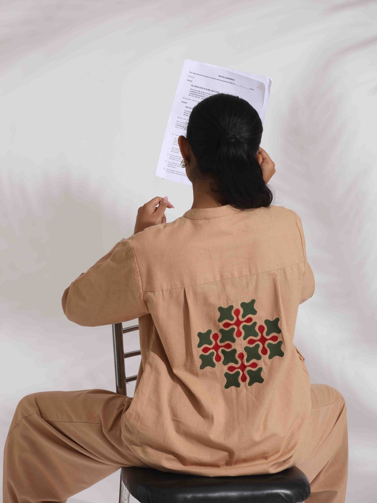 trueBrowns Beige Cotton Embroidered Shirt Top Co-ord Set