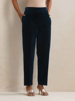 Thumbnail for trueBrowns Blue Velvet Floral Embroidered Kurta Pant Dupatta Set