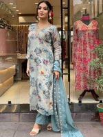 Thumbnail for Kalini Floral Printed Sequinned Detailed Organza Straight Kurta & Trouser With Dupatta - Distacart