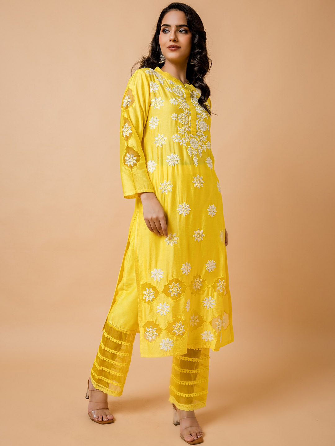 HOUSE OF KARI Floral Embroidered Chanderi Silk Chikankari Kurta - Distacart