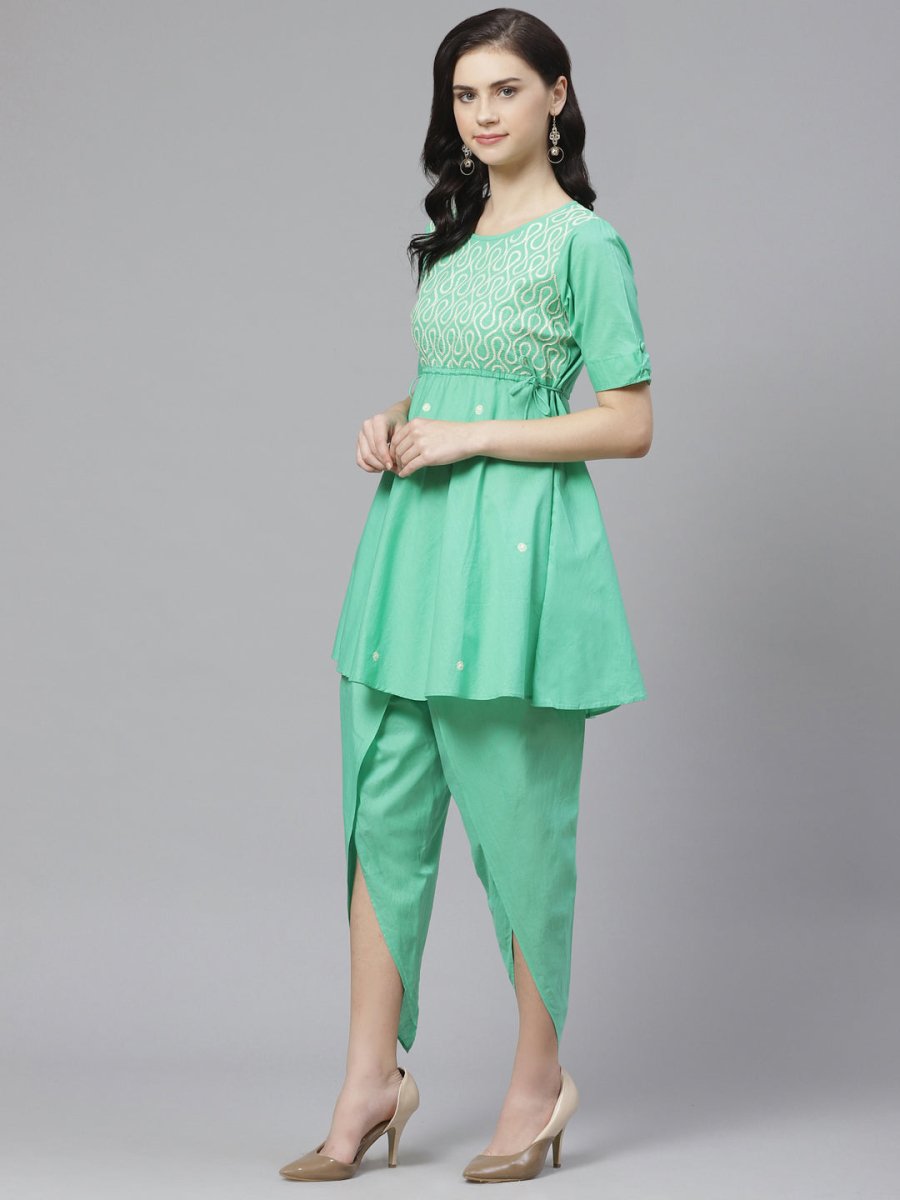 ADA Women Green & Off-White Chikankari Embroidered Sustainable Kurti with Dhoti Pants - Distacart