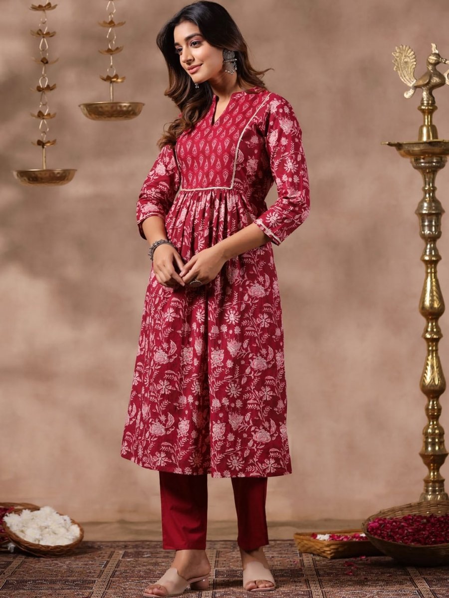 Anubhutee Floral Printed Mandarin Collar Pure Cotton A-Line Kurta And Trousers - Distacart