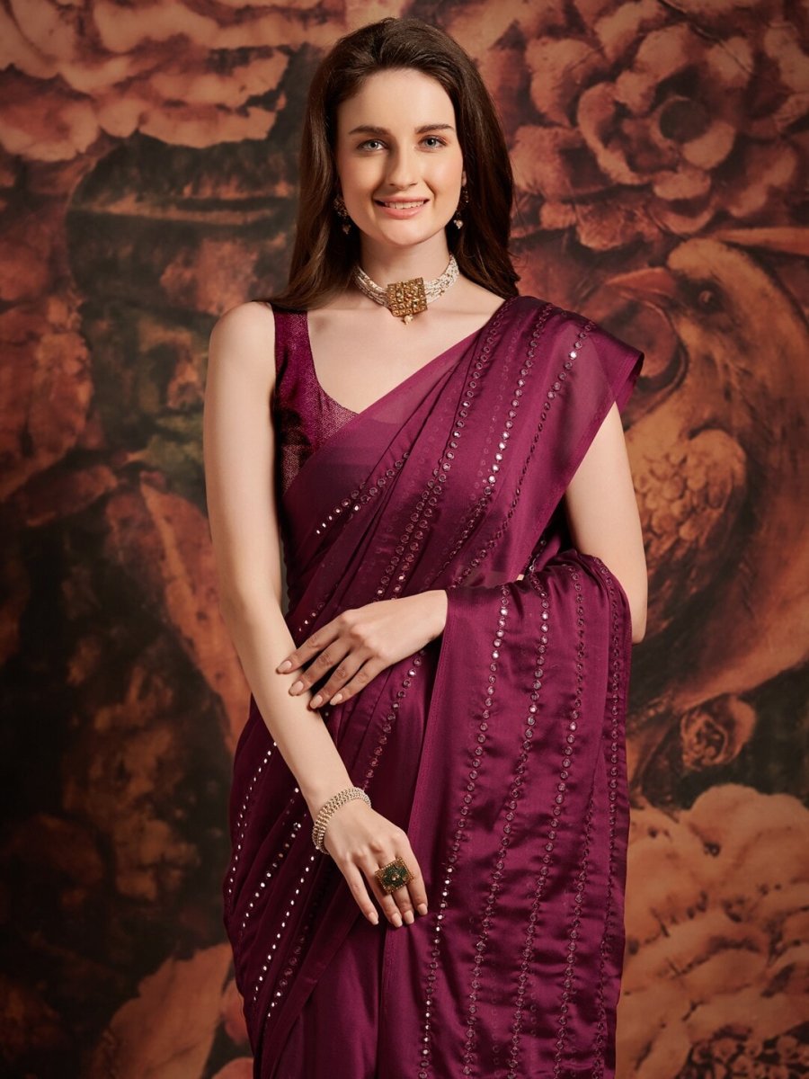 Anouk Magenta Embellished Mirror Work Pure Georgette Saree - Distacart