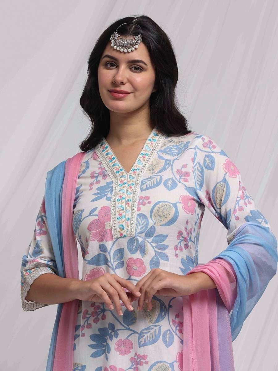 Anouk Off-White Floral Embroidered Thread Work Pure Cotton Kurta with Trousers & Dupatta - Distacart