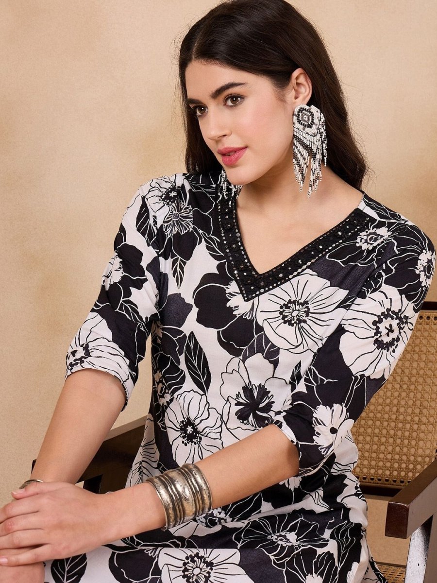 Anouk Floral Printed Regular Mirror Work Pure Cotton Kurta With Palazzos - Distacart