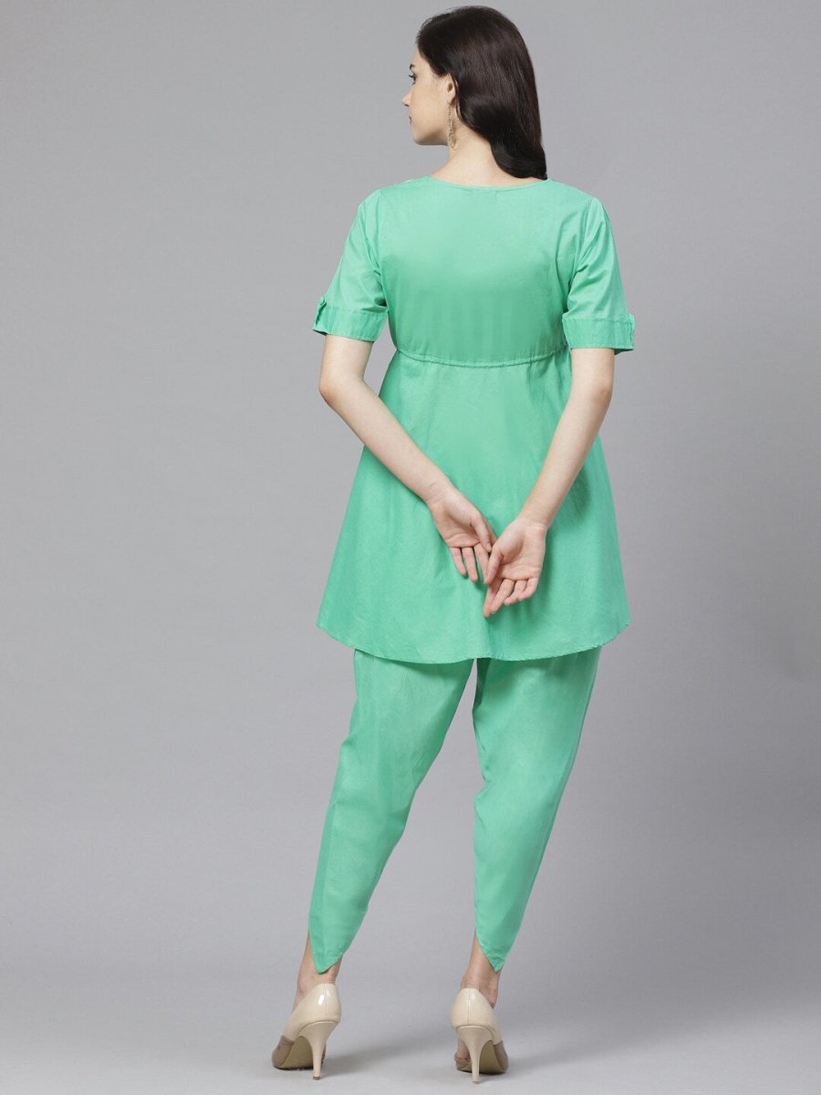 ADA Women Green & Off-White Chikankari Embroidered Sustainable Kurti with Dhoti Pants - Distacart