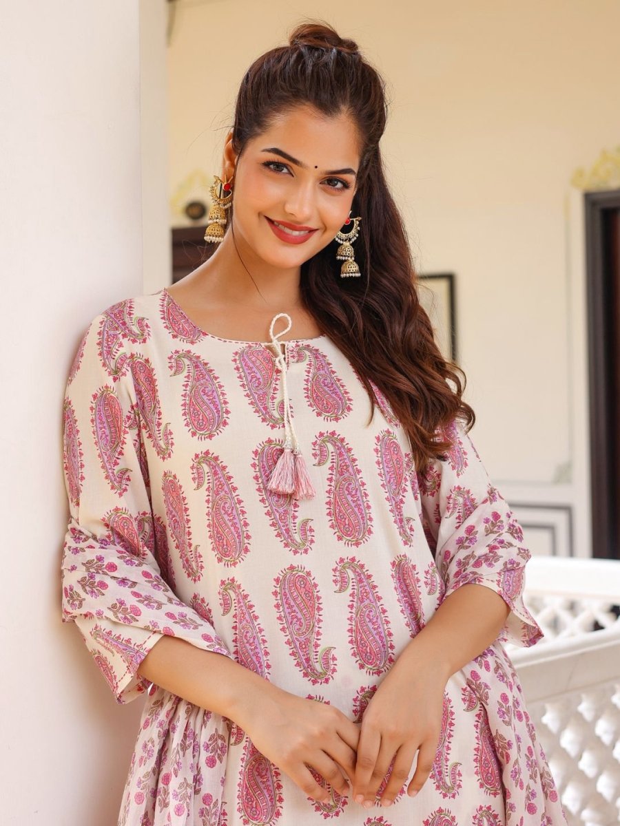 Anouk Paisley Printed Tie-Up Neck Pure Cotton Straight Kurta With Trousers & Dupatta - Distacart