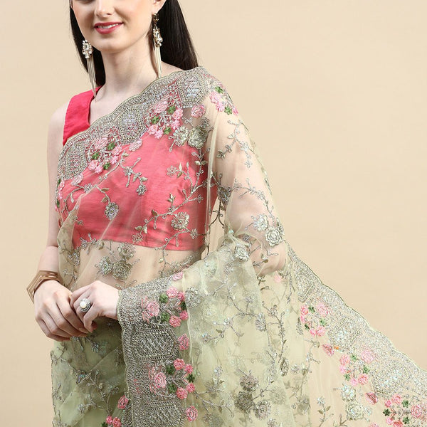 kasee Floral Embroidered Zari Net Saree - Distacart