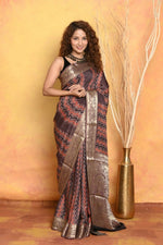 Thumbnail for Very Much Indian Modal Silk Ajrakh Handblock Printed Natural Dyes With Designer Border Saree - Brown - Distacart