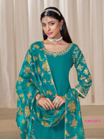 Thumbnail for Anaita Teal-Blue Premium Embroidered Roman Silk Salwar Suit - Distacart