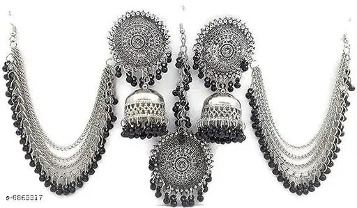 Tehzeeb Creations Women's Silver And Black Colour Oxidised Earrings With Tikka - Distacart