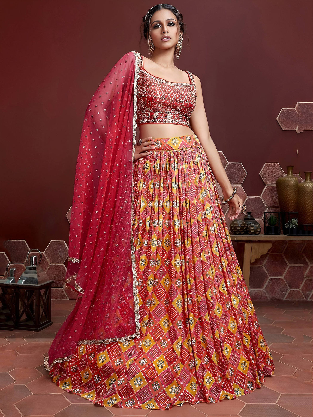 Tulsi Art Glamorous Red Chinon Digital Print Designer Wear Lehenga Choli - Dista