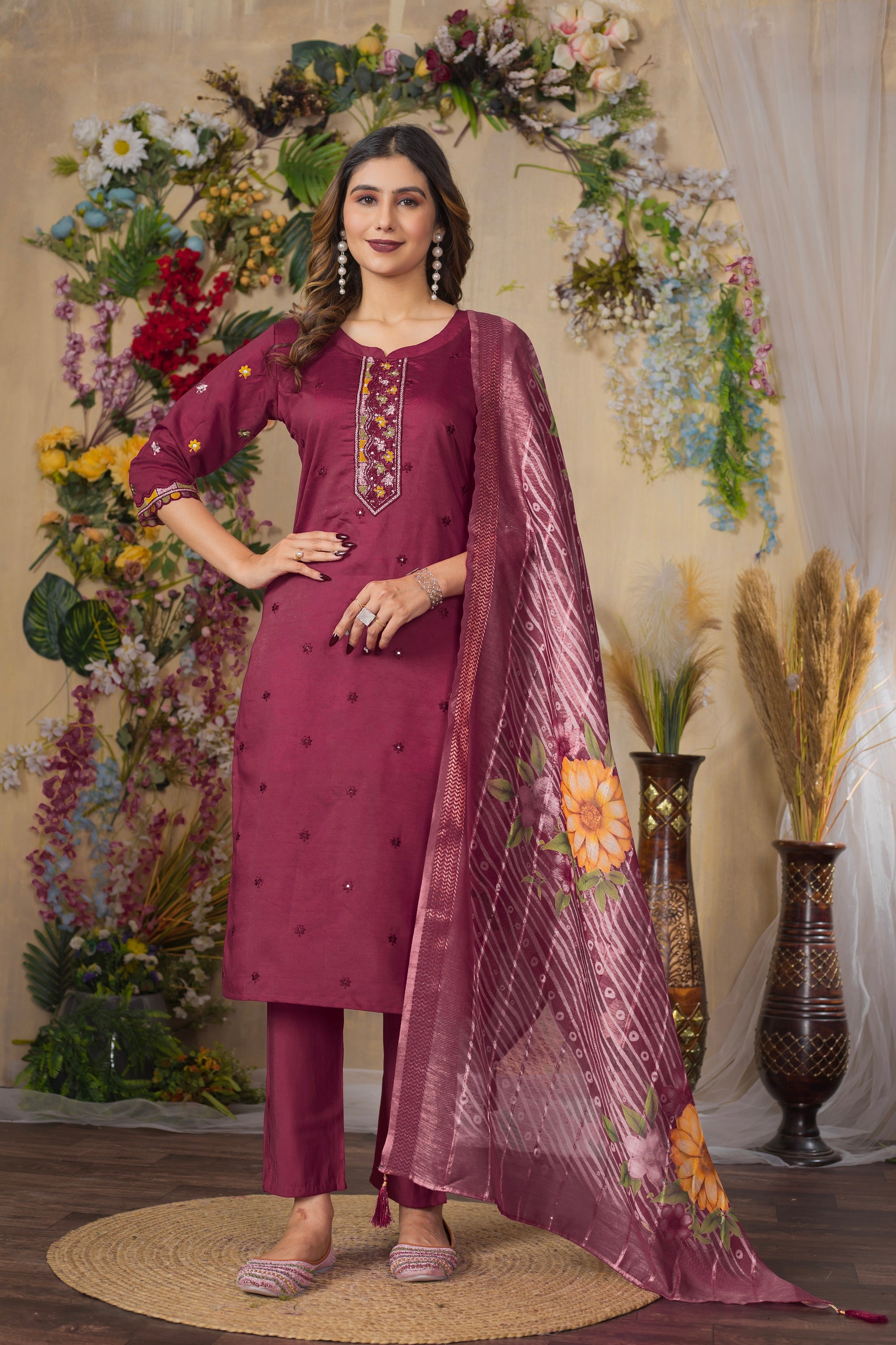 Vedant Vastram Roman Silk Embroidery & Sequence Work Stitched Kurta Pant Dupatta Set-Maroon