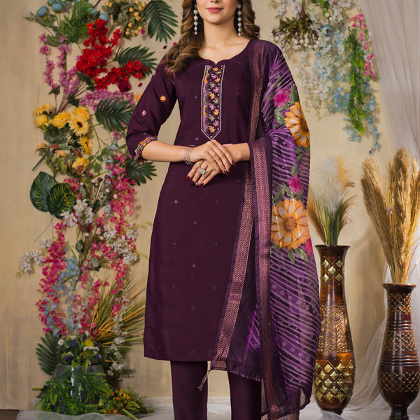 Vedant Vastram Roman Silk Embroidery & Sequence Work Stitched Kurta Pant Dupatta Set-Wine - Distacart