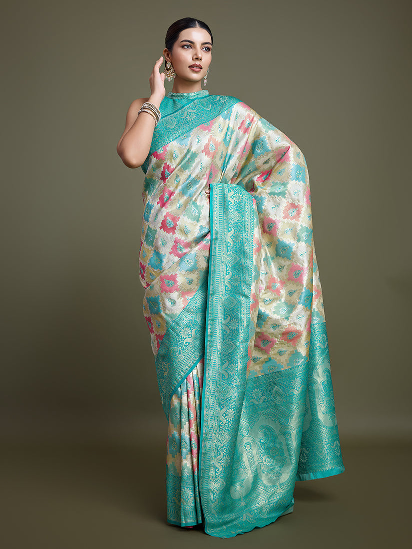 Monjolika Fashion Glamour And Tradition With This Zari Woven Turquoise And Cream Banarasi Silk Saree - Distacart
