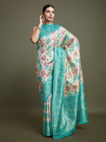 Thumbnail for Monjolika Fashion Glamour And Tradition With This Zari Woven Turquoise And Cream Banarasi Silk Saree - Distacart