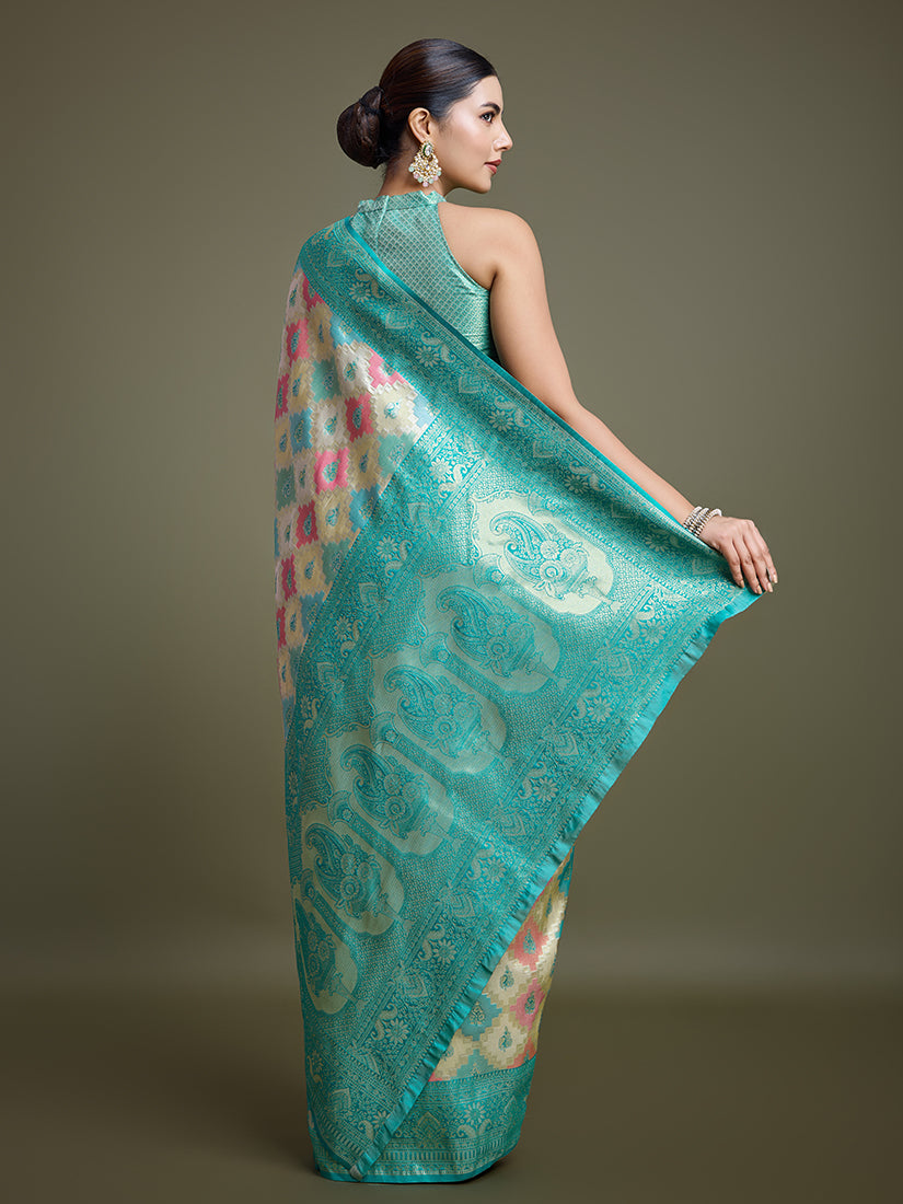 Monjolika Fashion Glamour And Tradition With This Zari Woven Turquoise And Cream Banarasi Silk Saree - Distacart