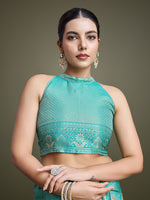 Thumbnail for Monjolika Fashion Glamour And Tradition With This Zari Woven Turquoise And Cream Banarasi Silk Saree - Distacart