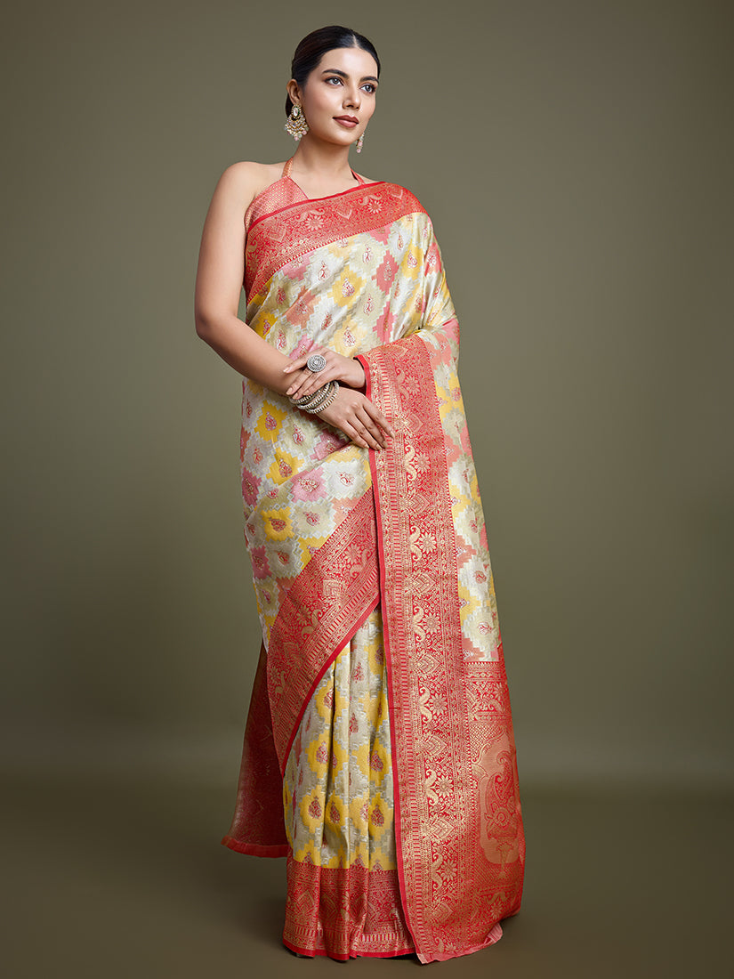 Monjolika Fashion Glamour And Tradition With This Zari Woven Red And Cream Banarasi Silk Saree - Distacart