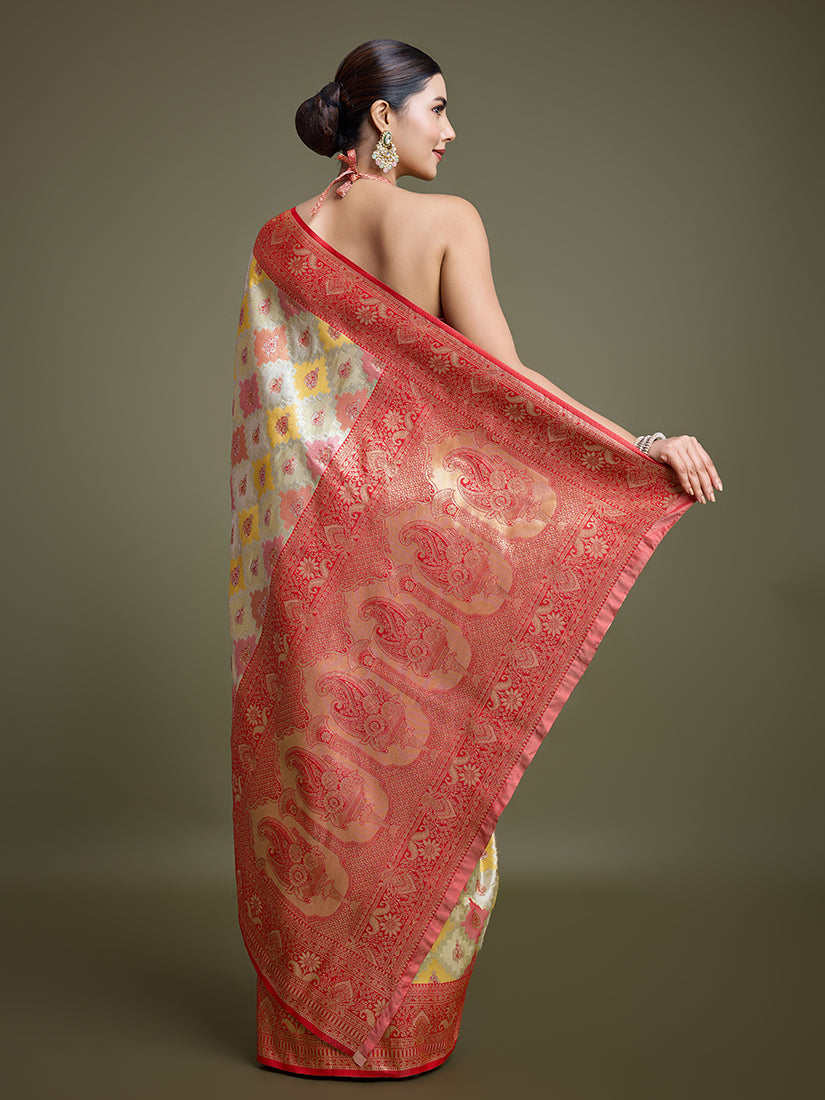 Monjolika Fashion Glamour And Tradition With This Zari Woven Red And Cream Banarasi Silk Saree - Distacart