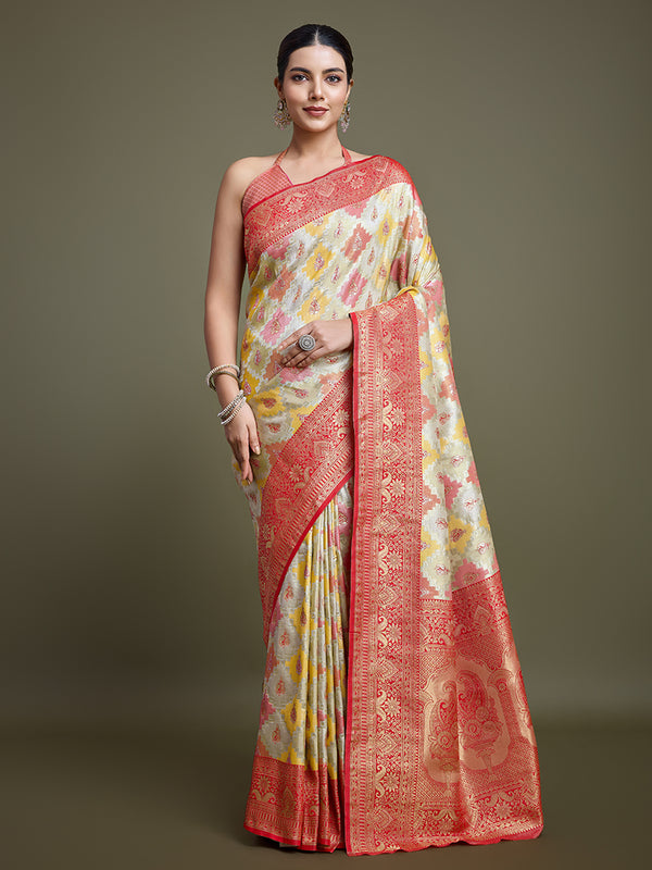 Monjolika Fashion Glamour And Tradition With This Zari Woven Red And Cream Banarasi Silk Saree - Distacart