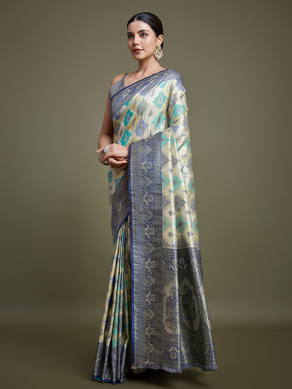 Monjolika Fashion Glamour And Tradition With This Zari Woven Navy Blue And Cream Banarasi Silk Saree - Distacart