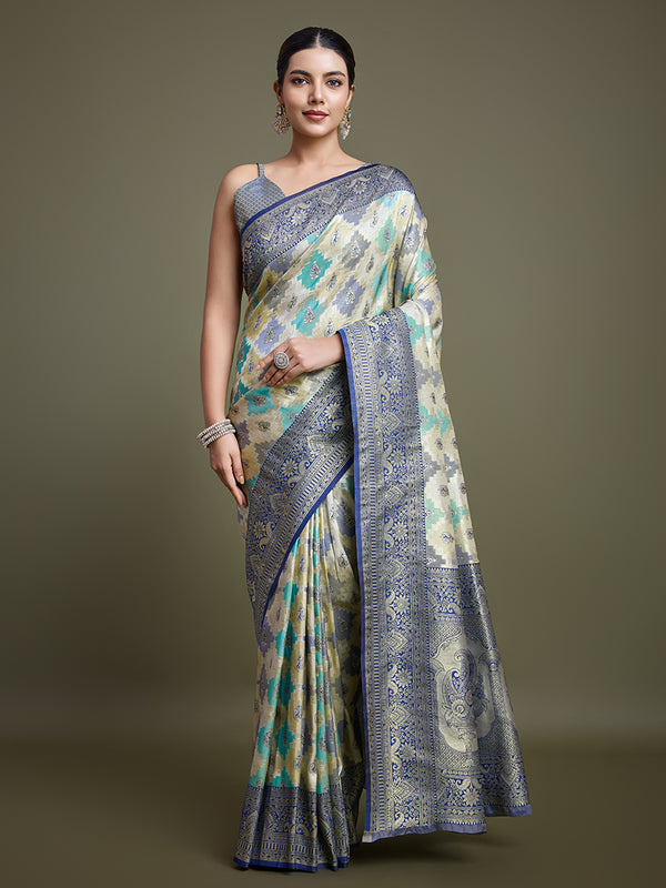 Monjolika Fashion Glamour And Tradition With This Zari Woven Navy Blue And Cream Banarasi Silk Saree - Distacart