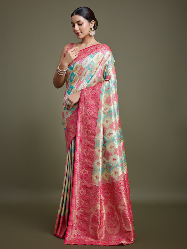 Monjolika Fashion Glamour And Tradition With This Zari Woven Pink And Cream Banarasi Silk Saree - Distacart