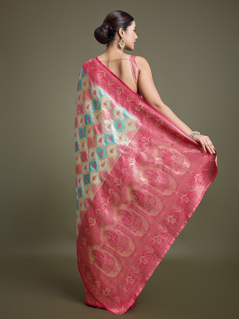Monjolika Fashion Glamour And Tradition With This Zari Woven Pink And Cream Banarasi Silk Saree - Distacart