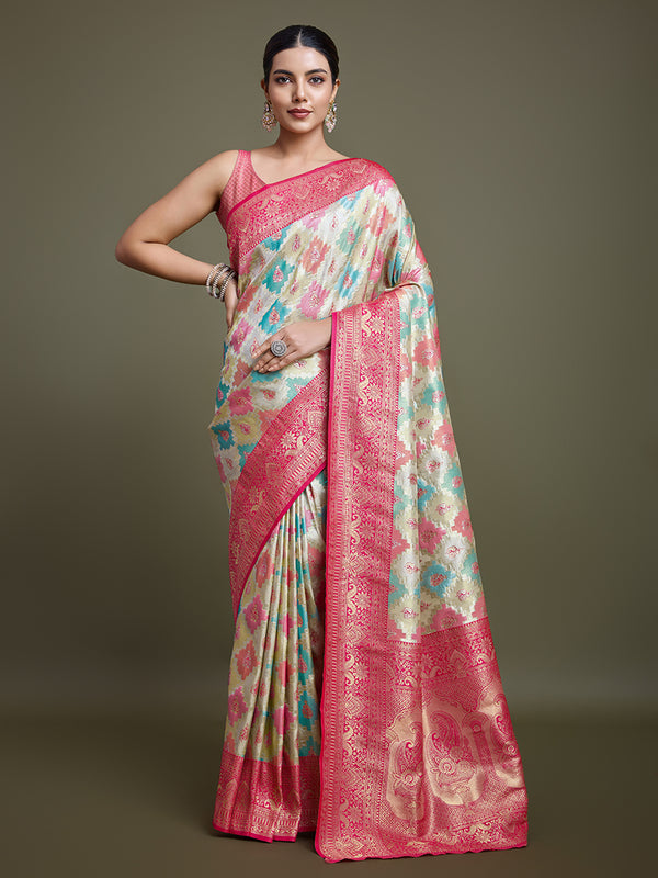 Monjolika Fashion Glamour And Tradition With This Zari Woven Pink And Cream Banarasi Silk Saree - Distacart