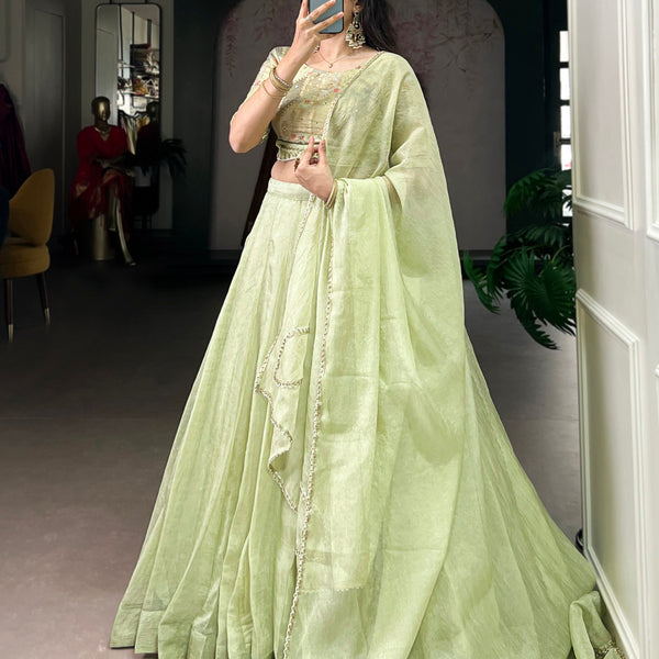 Lorenvalley Fashion Pista Crush Silk Plain Lehenga Choli with Dupatta