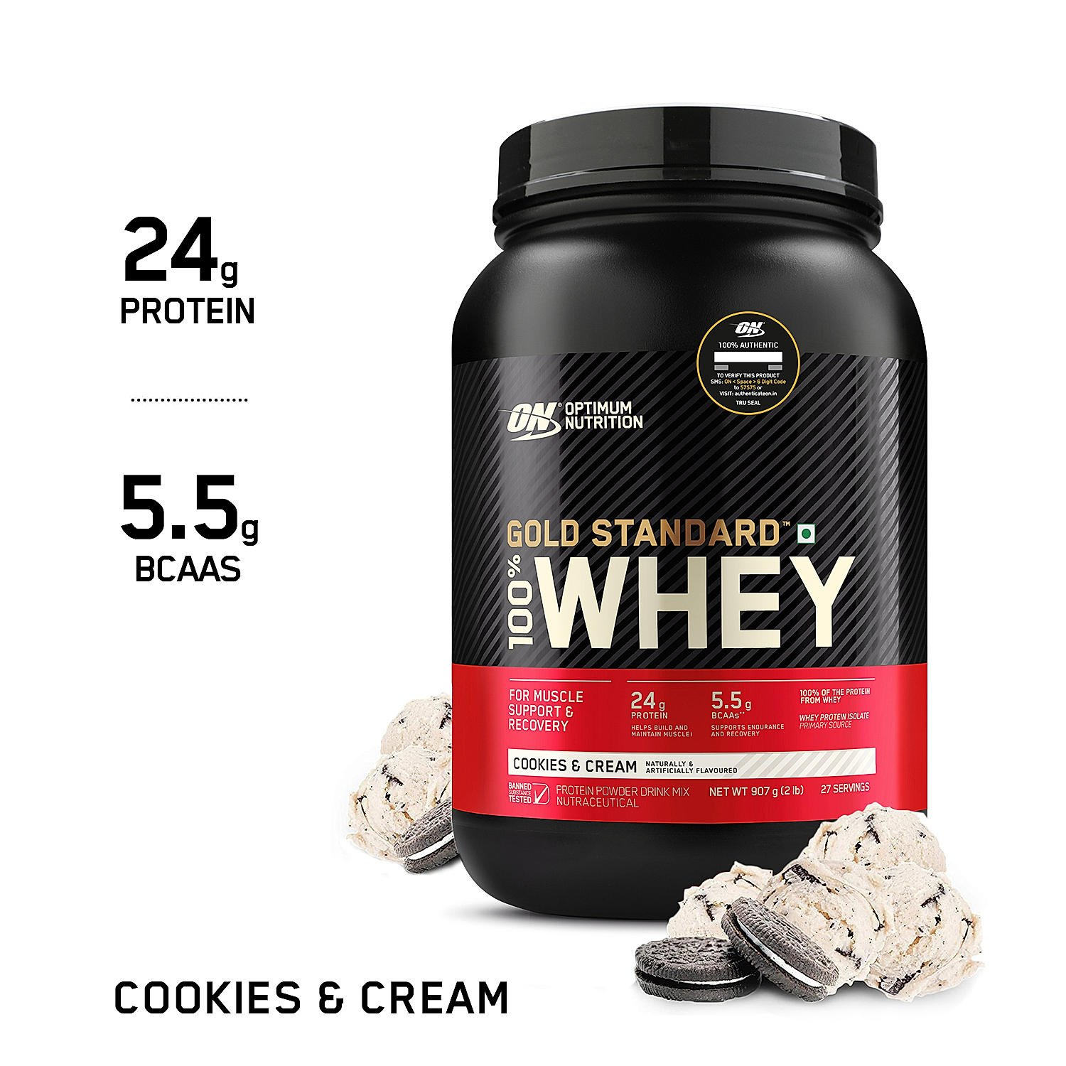 Optimum Nutrition Gold Standard 100% Whey Protein Powder (Cookies & Cream)-907 gm