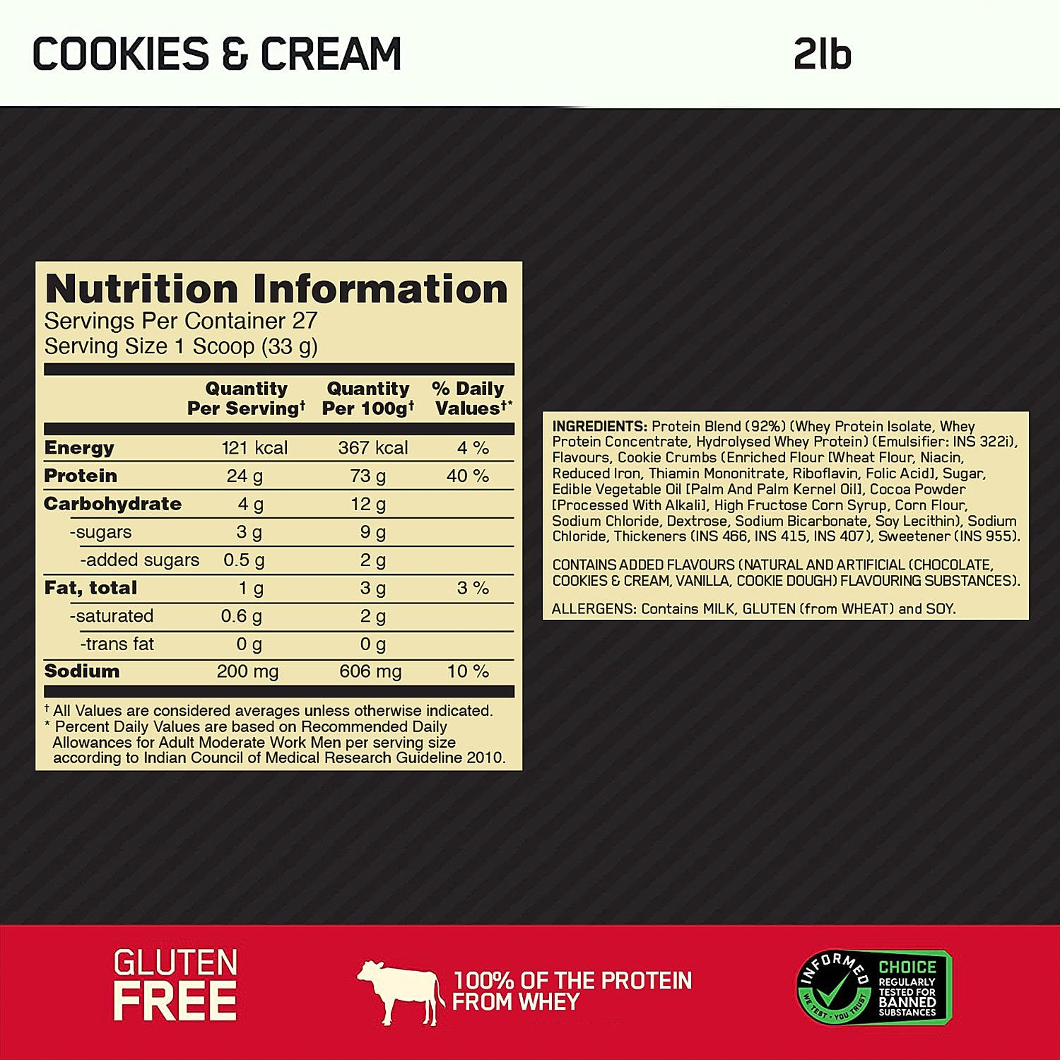 Optimum Nutrition Gold Standard 100% Whey Protein Powder (Cookies & Cream)-907 gm