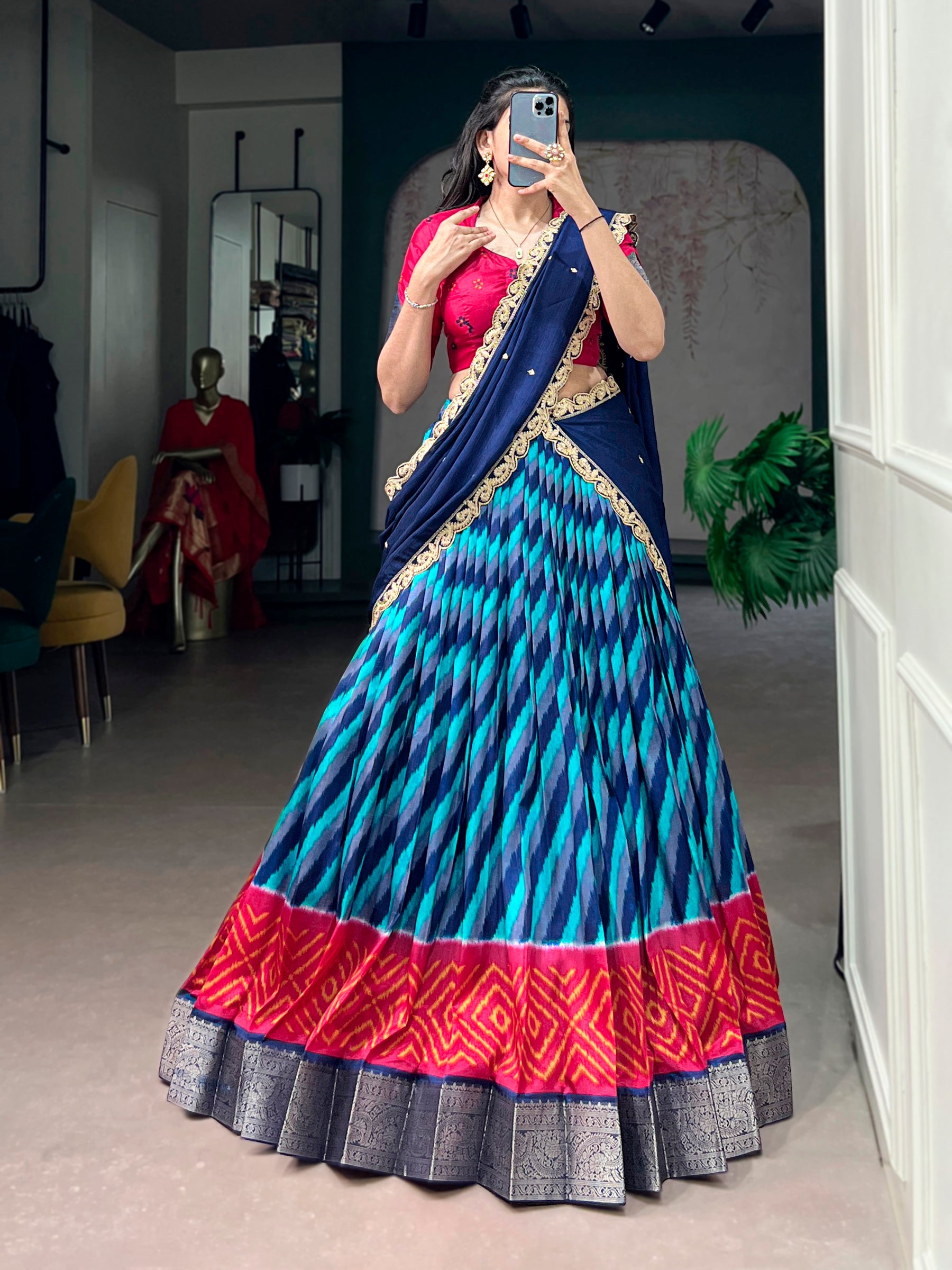 Lorenvalley Fashion Multicolor Tasar Silk Leheriya Print With Zari Weaving Work Lehenga Choli With Dupatta - Dista