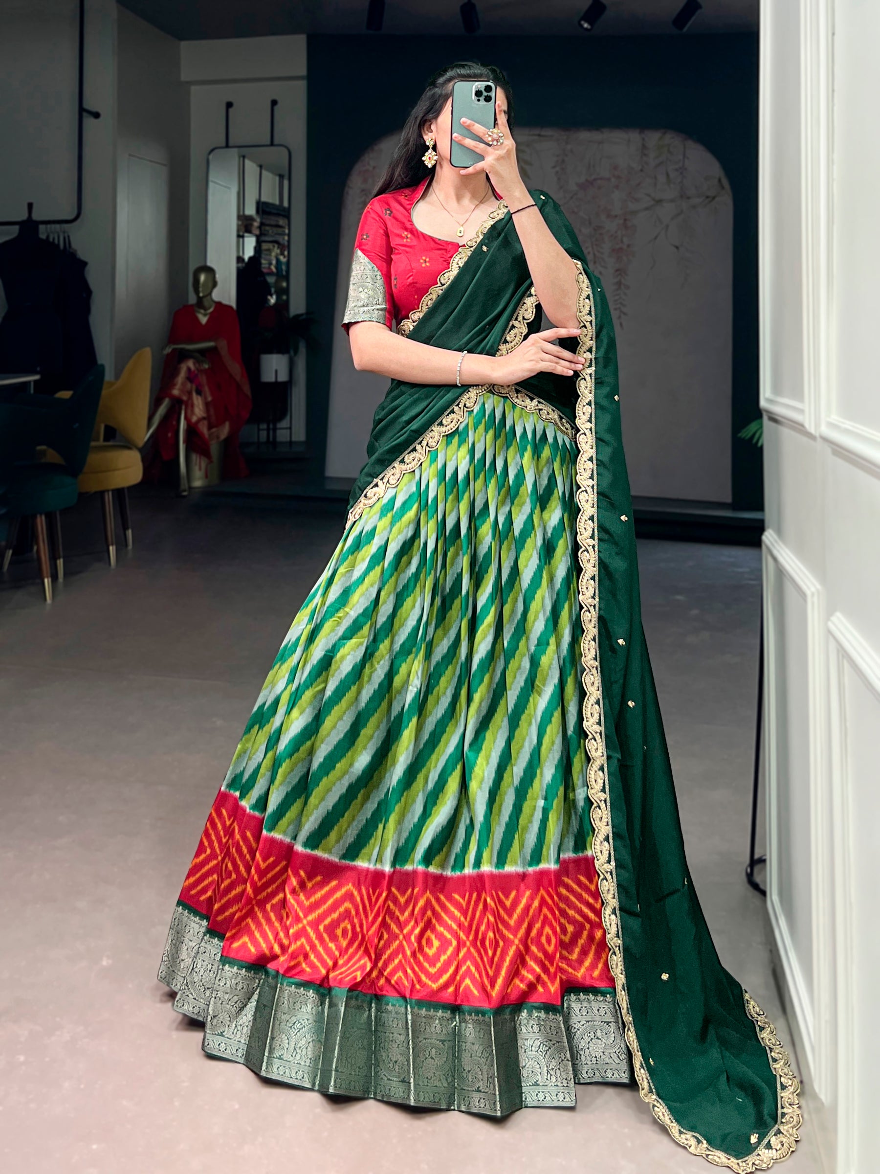 Lorenvalley Fashion Multicolor Tasar Silk Leheriya Print With Zari Weaving Work Lehenga Choli With Dupatta - Dista