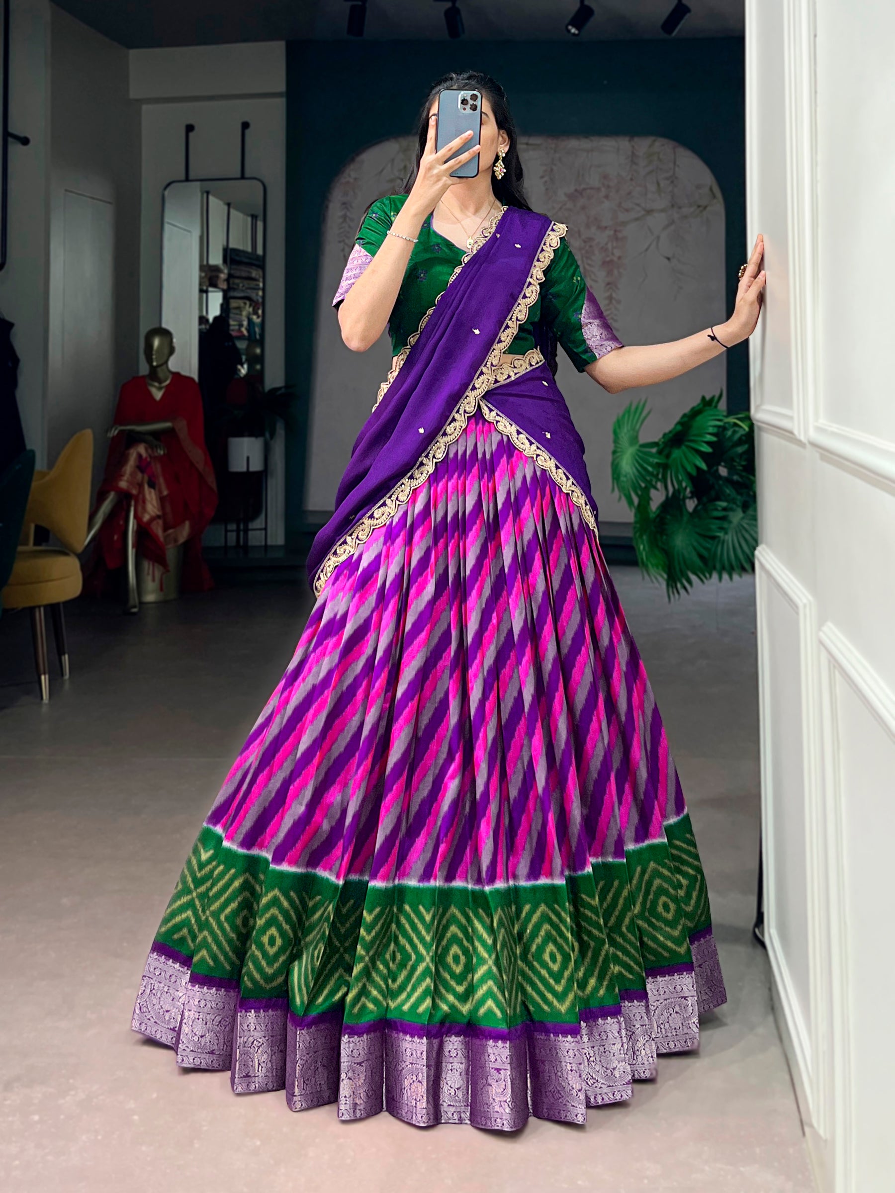 Lorenvalley Fashion Multicolor Tasar Silk Leheriya Print With Zari Weaving Work Lehenga Choli With Dupatta - Dista