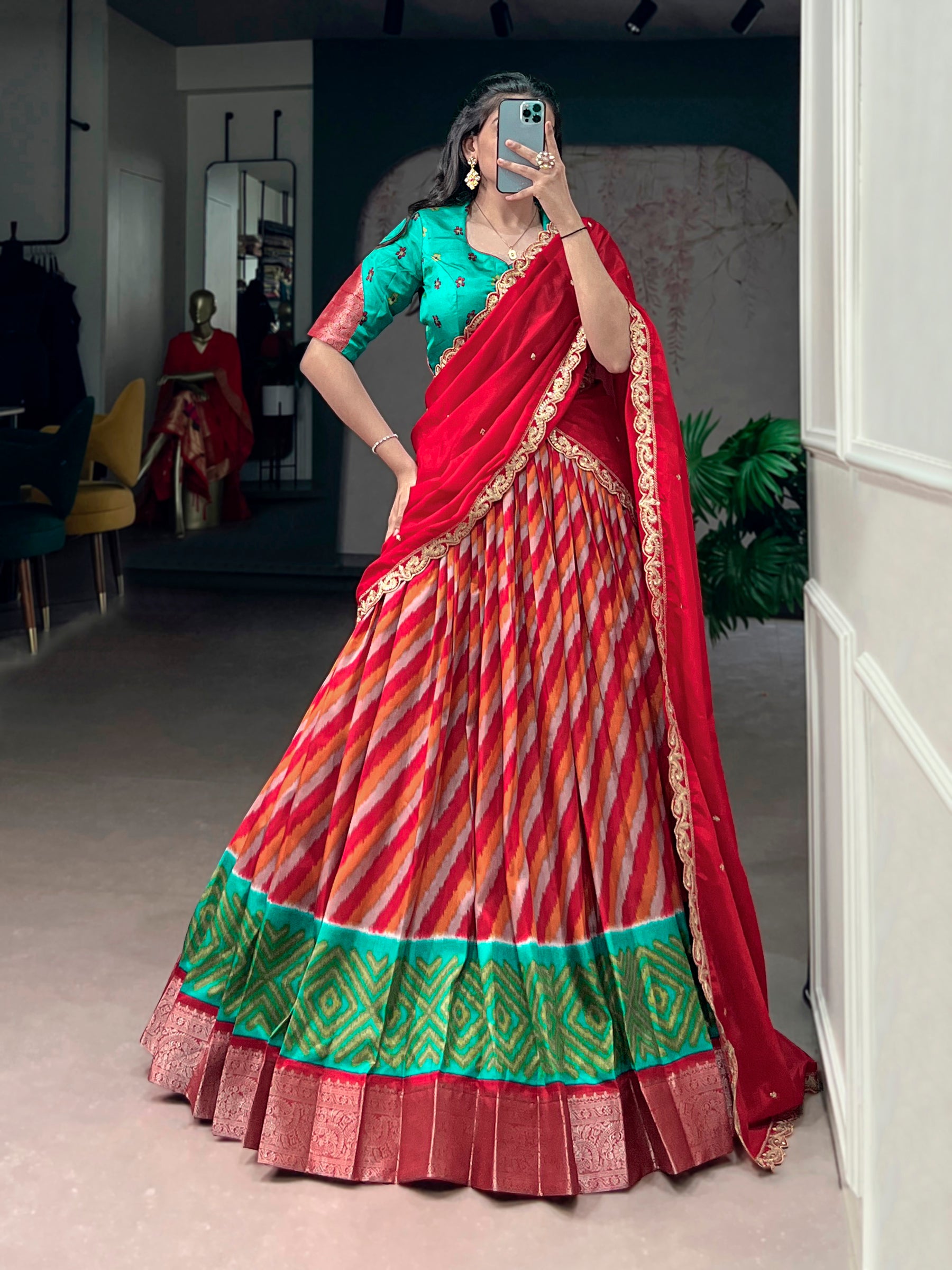 Lorenvalley Fashion Multicolor Tasar Silk Leheriya Print With Zari Weaving Work Lehenga Choli With Dupatta - Dista