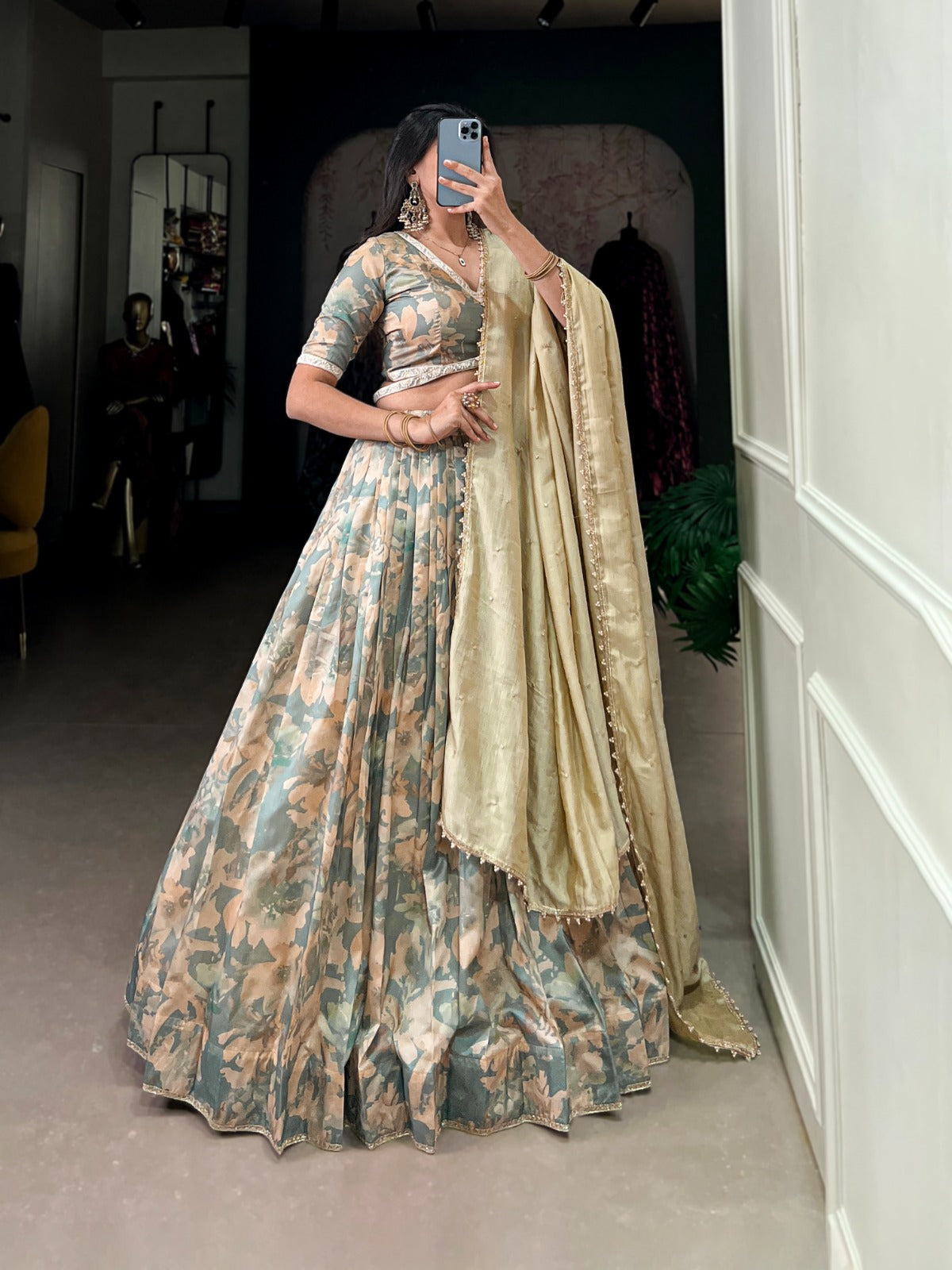 Lorenvalley Seagreen Tussar Silk Printed with Lace Touch Up Lehenga Choli - Distacart