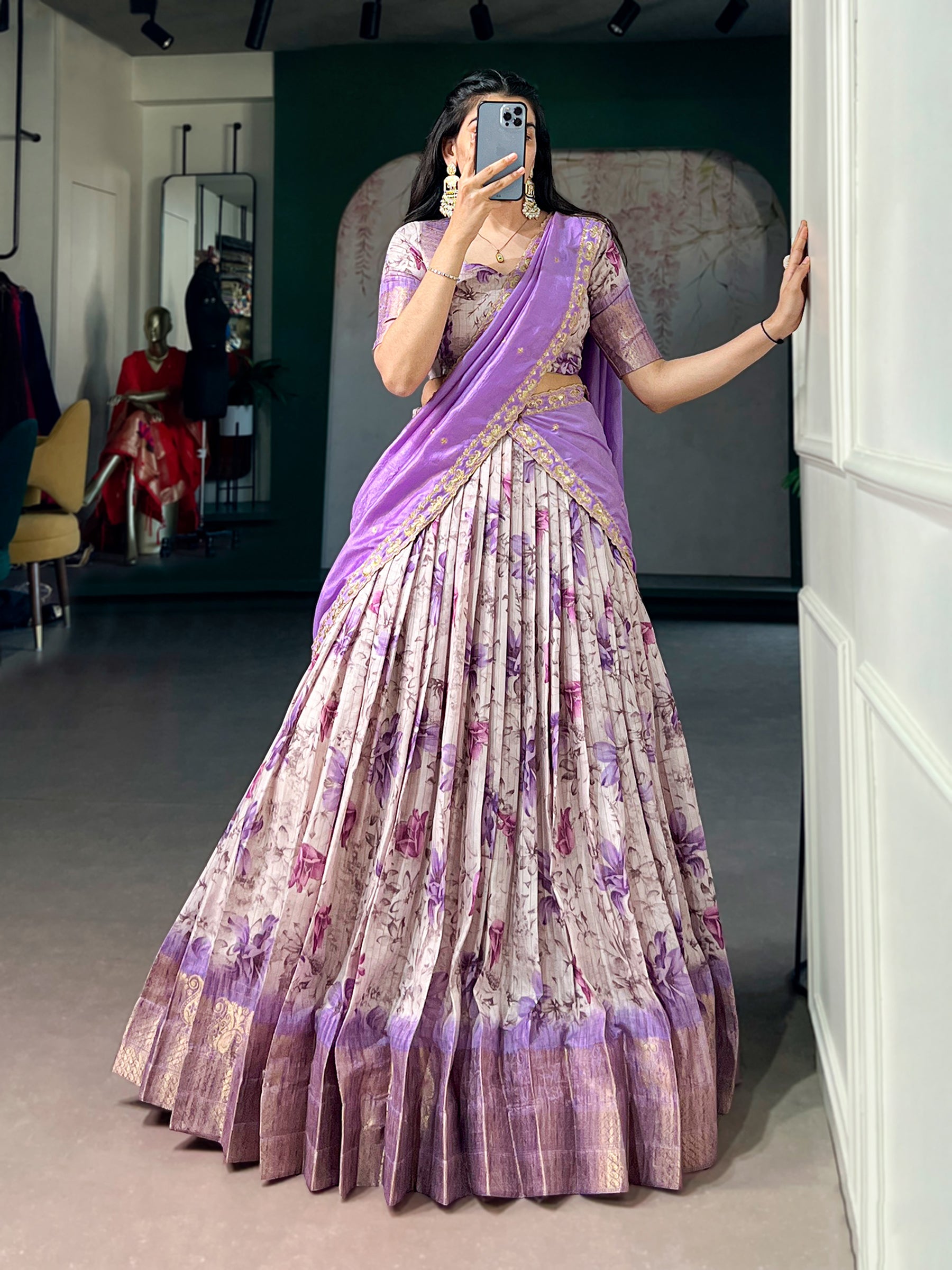 Lorenvalley Fashion Lavender Dola Chex Floral Printed With Zari Weaving Work Lehenga Choli With Dupatta - Dista