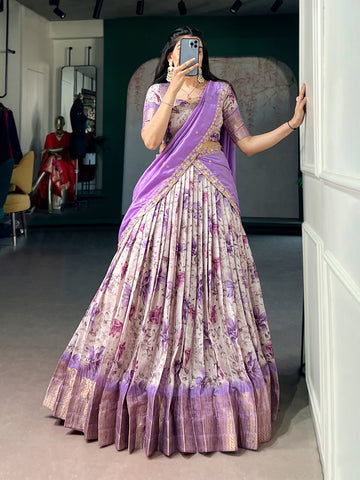 Lorenvalley Fashion Lavender Dola Chex Floral Printed With Zari Weaving Work Lehenga Choli With Dupatta - Dista