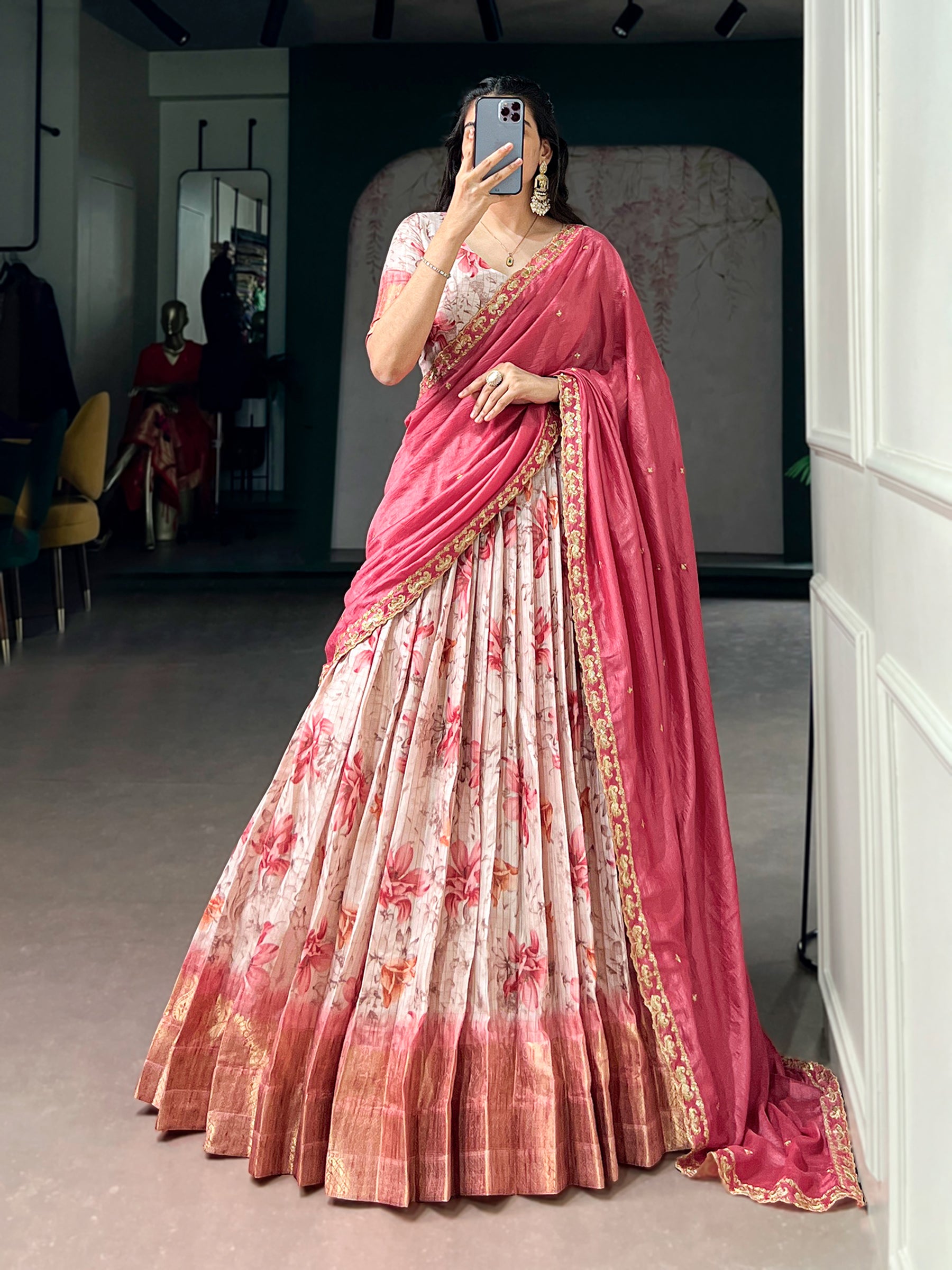 Lorenvalley Fashion Red Dola Chex Floral Printed With Zari Weaving Work Lehenga Choli With Dupatta - Dista