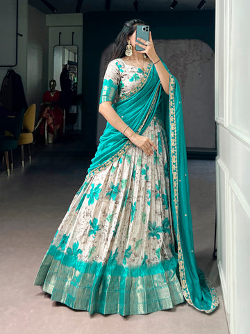 Lorenvalley Fashion Teal Dola Chex Floral Printed With Zari Weaving Work Lehenga Choli With Dupatta - Dista