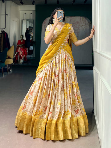 Lorenvalley Fashion Yellow Dola Chex Floral Printed With Zari Weaving Work Lehenga Choli With Dupatta - Dista