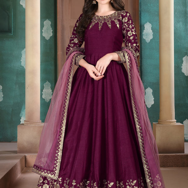 Anaita Purple Embroidered Adda Silk Anarkali Suit - Distacart