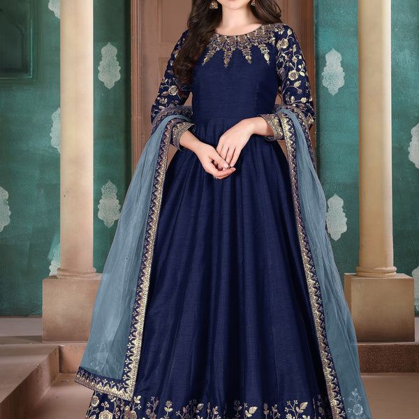 Anaita Navy Blue Embroidered Adda Silk Anarkali Suit - Distacart
