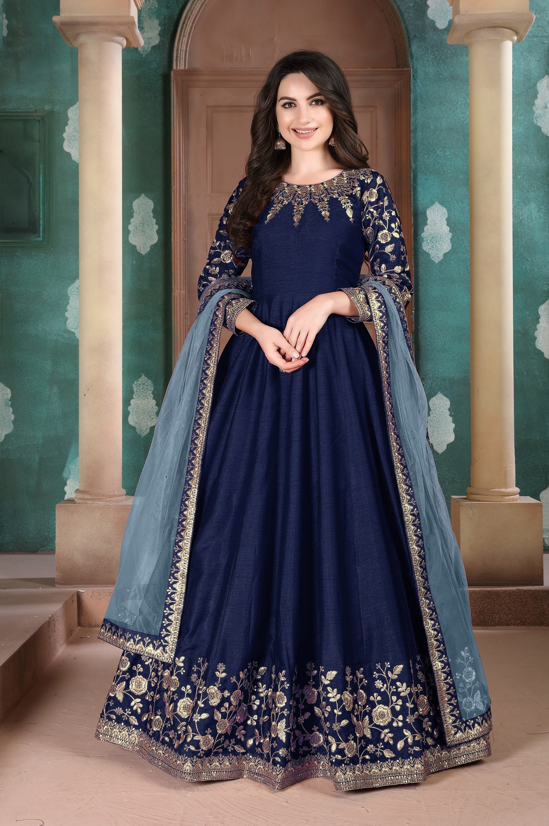 Anaita Navy Blue Embroidered Adda Silk Anarkali Suit - Distacart