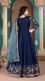Thumbnail for Anaita Navy Blue Embroidered Adda Silk Anarkali Suit - Distacart