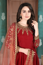Thumbnail for Anaita Red Embroidered Adda Silk Anarkali Suit - Distacart